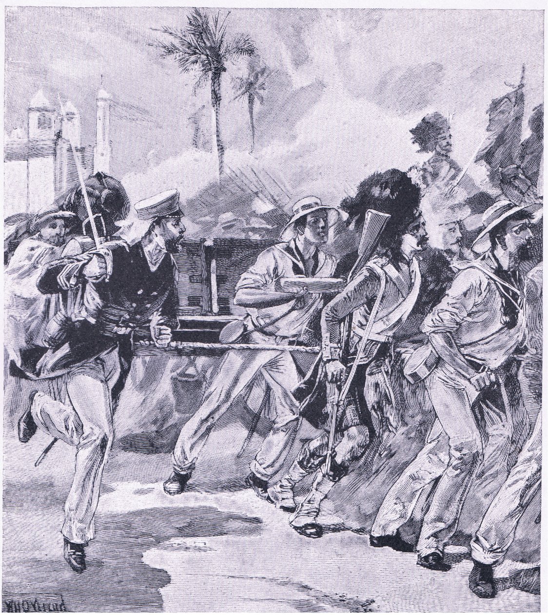 Sjøforsvarsbrigaden fra HMS Shannon ved Lucknow, november 1857, illustrasjon fra British Battles on Land and Sea, 1915 av William Heysham Overend