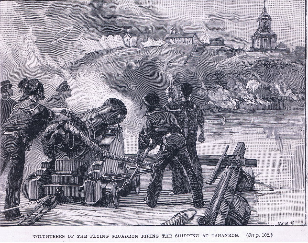 Frivillige fra den flygende skvadronen skyter på skipsfarten ved Taganrog 1855 e.Kr av William Heysham Overend