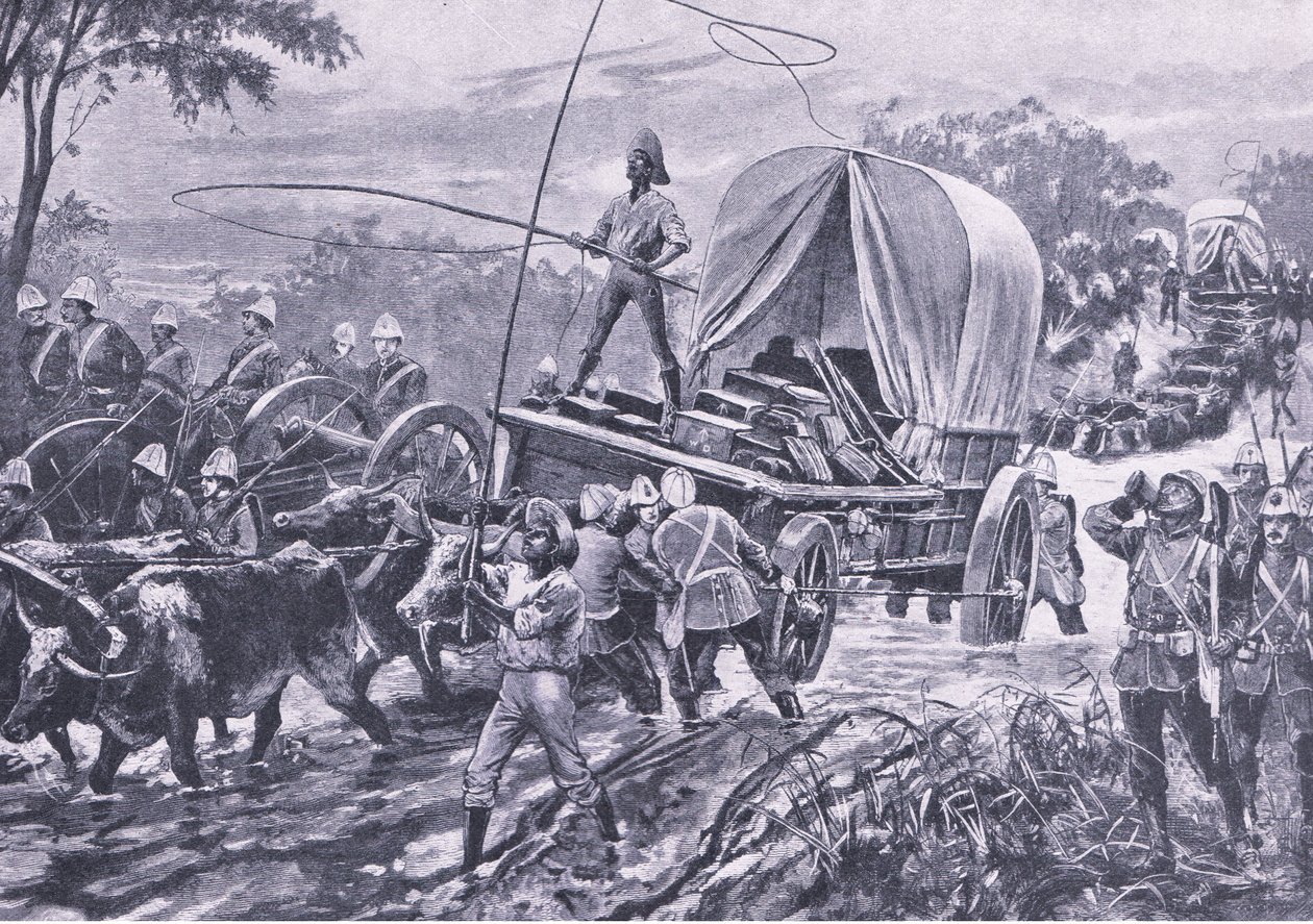 Zulu War: The Estowe Relief Force krysser en bekk, april 1879, illustrasjon fra British Battles on Land and Sea, 1915 av William Heysham Overend