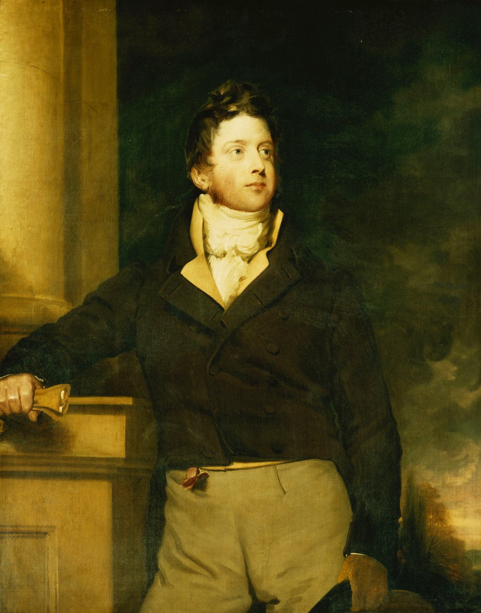 Portrett av en gentleman, stående, trekvart lengde, iført en brun jakke med hvit Jabot, i et landskap, av William Hilton