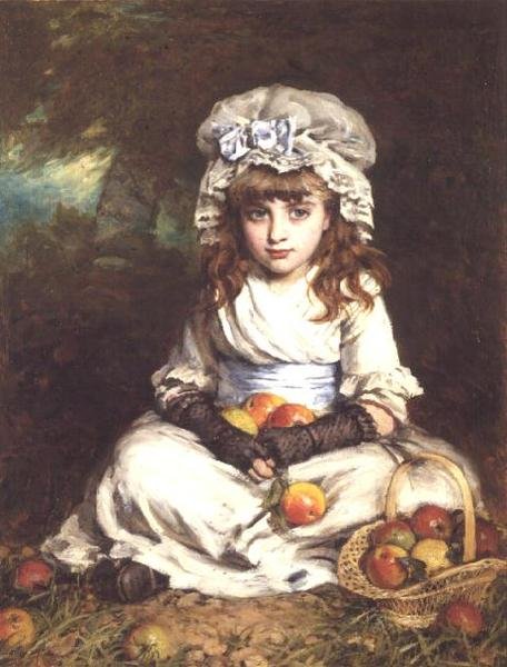 En liten jente i en pøbelhette med en kurv med epler av William Hippon Gadsby