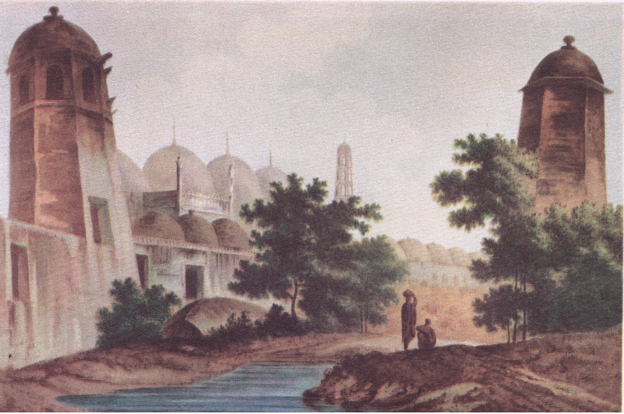 En utsikt over Kutra-moskeen bygget av Mir Jaffier i Murshidabad (Select Views in India 1786), fra British Adventure utgitt av Collins, 1947 av William Hodge