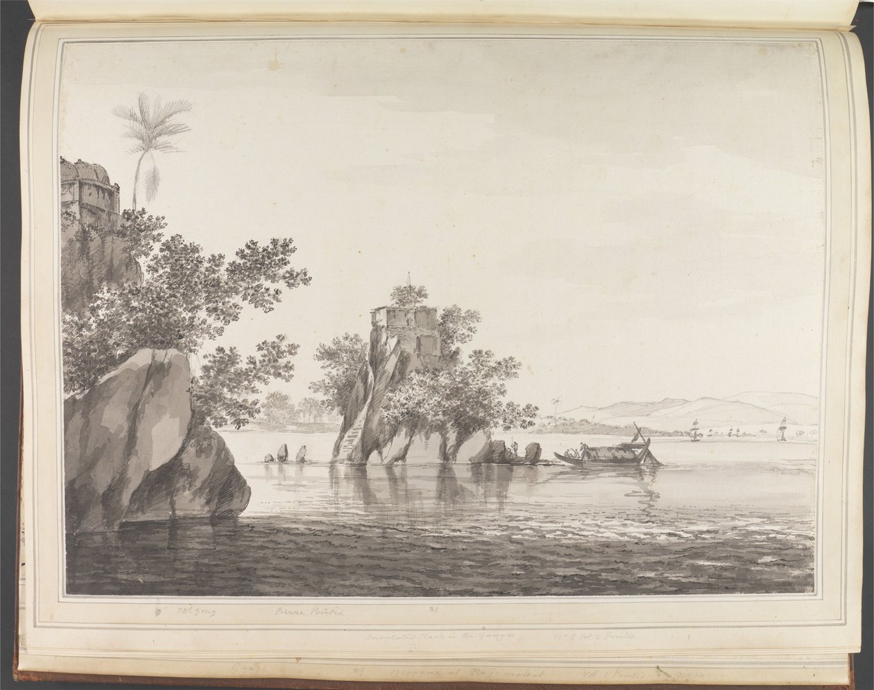 Utsikt over en isolert klippe i Ganges ved Jangerah [Jahangira] av William Hodges