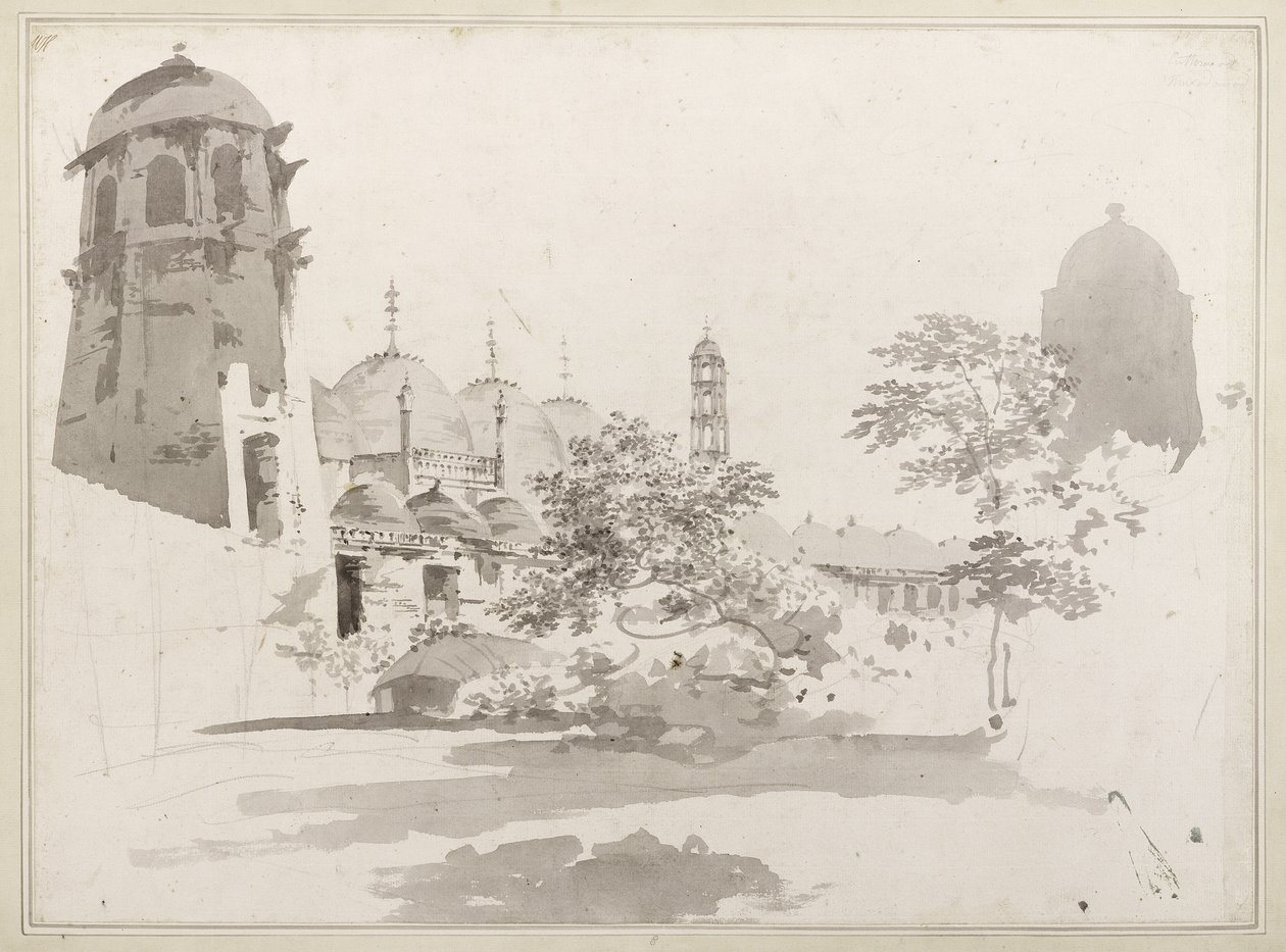 A View of the Cuttera bygget av Jaffier Cawn ved Murishidbad, ca. 1781 (grå vask og blyant på papir) av William Hodges