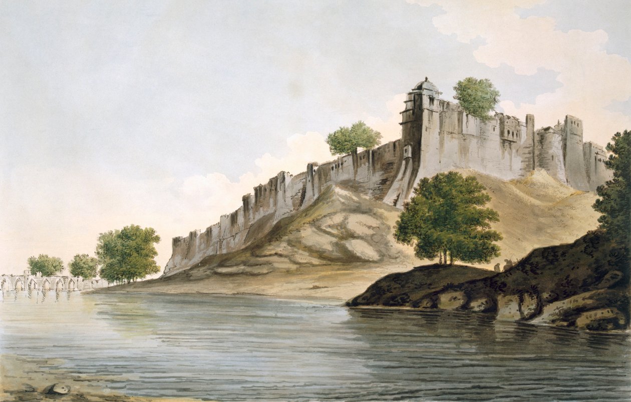 En utsikt over Fort of Ilionpoor ved bredden av elven Goomty, pub. 1785-88. av William Hodges