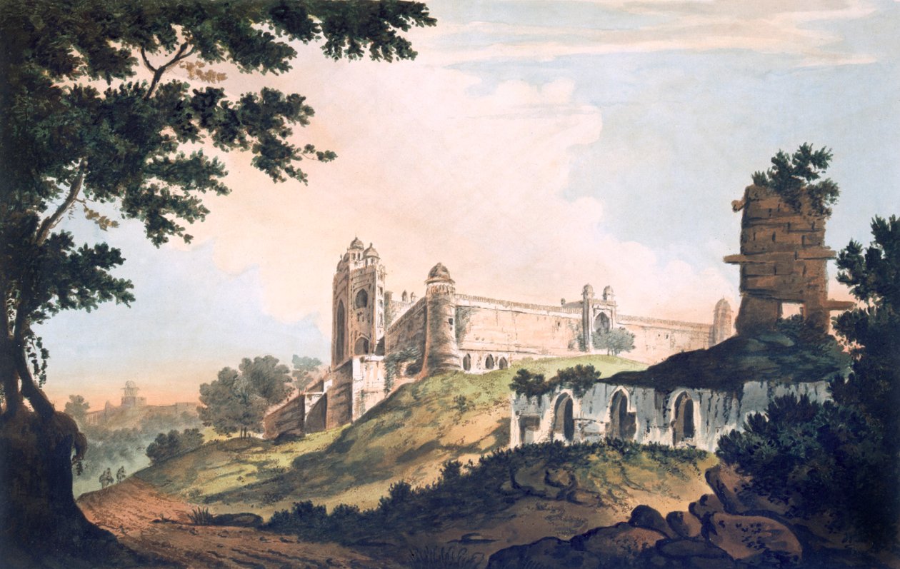 Utsikt over moskeen ved Futtipoor Sicri, pub. 1785-88. av William Hodges
