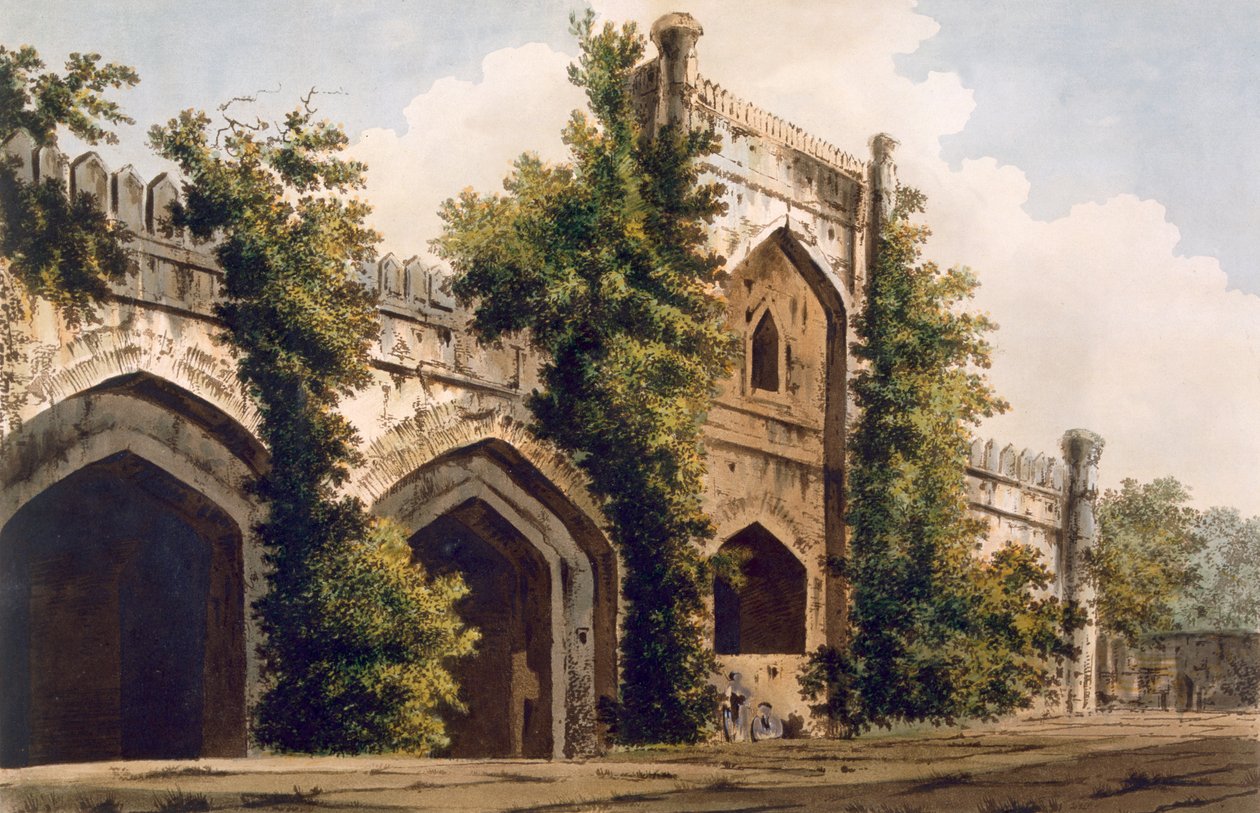 En utsikt over en moske, ved Rajemahel, 1785-88 (farget akvatint) av William Hodges