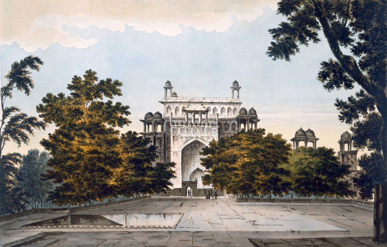 En utsikt over en del av graven til keiser Akbar ved Secundru, 1785-88 (farget akvatint) av William Hodges