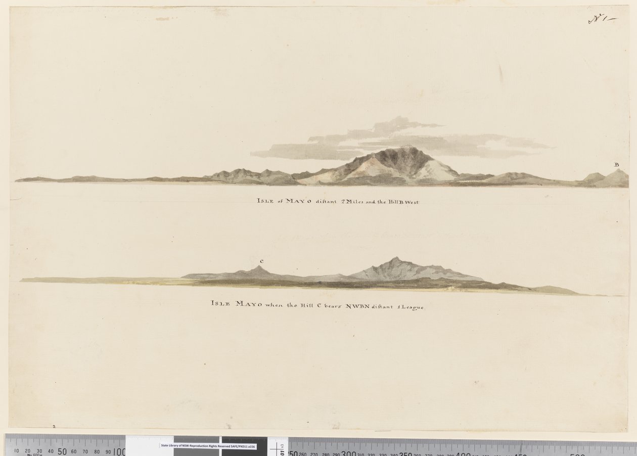 Side 1 (a) Profil av kysten av Isle of Mayo, Kapp Verde-øyene. (b) Profil av kysten av Isle of Mayo Kapp Verde-øyene, sett mot nordvest av William Hodges