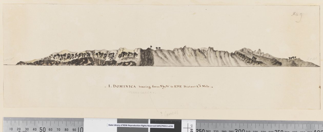Side 25a/c 1. Dominica peiling fra N ved V til ØSØ 1 1/2 miles avstand av William Hodges
