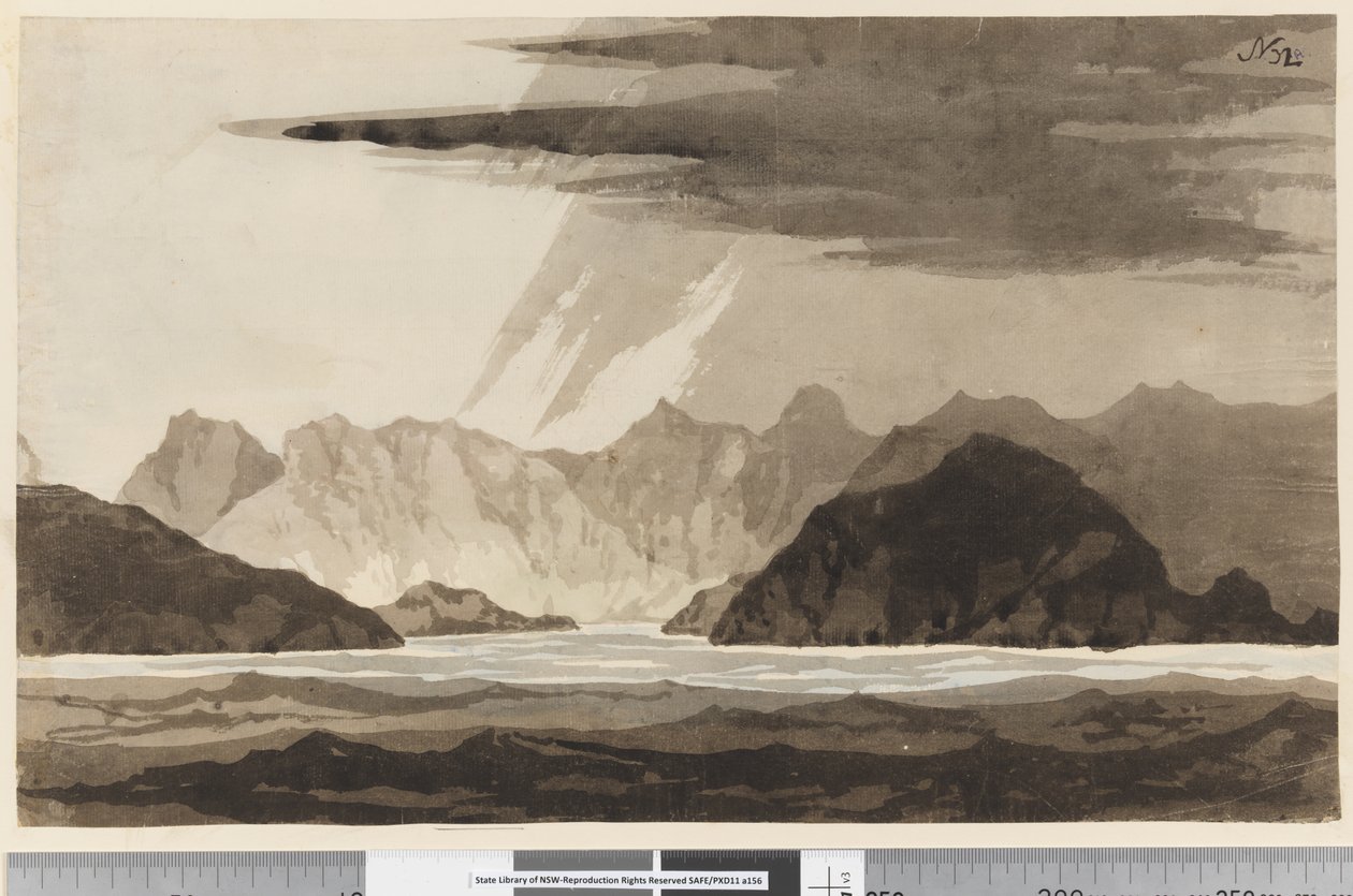 Side 32a Utsikt, muligens av Dusky Bay, New Zealand av William Hodges
