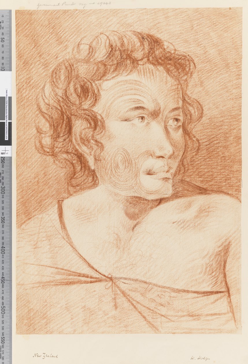 Side 32b New Zealand Portrait of a Maori, 1768-75 (rødt kritt) av William Hodges
