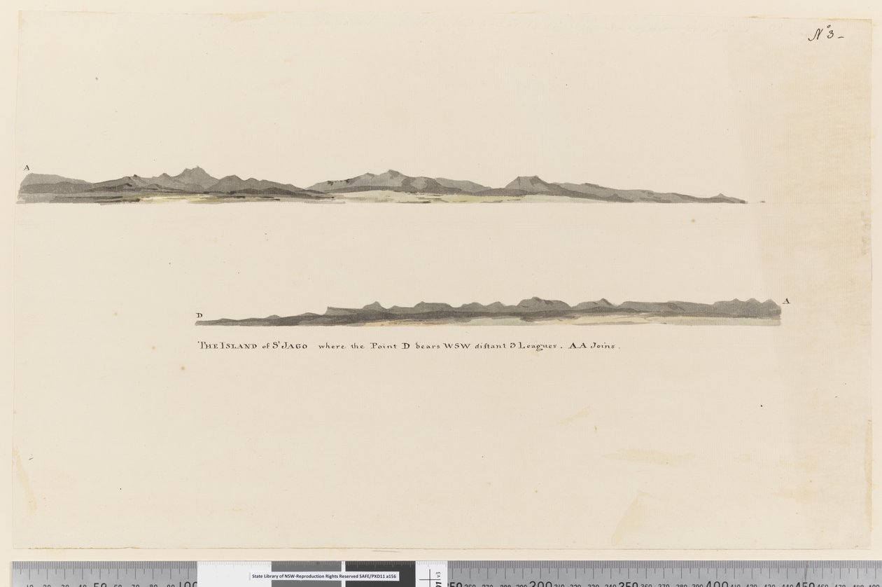 Page 3 Profil av øya St. Jago, Kapp Verde-øya. Med tittelen The Island of St Jago hvor punktet D bærer WSW fjernt 3 ligaer. AA blir med av William Hodges
