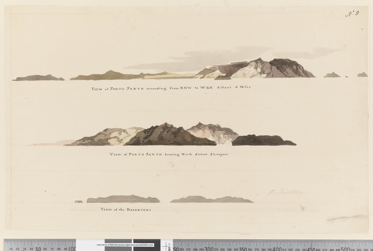 Side 8 (a) Utsikt over Porto Santo som strekker seg fra NNW til WBN 5 miles (b) Utsikt over Porto Santo med 2 ligaer i nord og (c) Utsikt over Desertørene av William Hodges