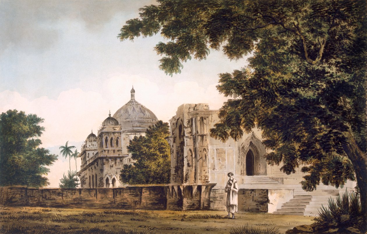 Pl. 18 En utsikt over moskeen ved Mounheer, fra Sørøst, fra "Select Views in India", pub. 1780-83 (farget etsning med akvatint) av William Hodges