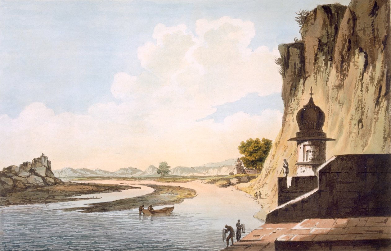 Pl. 26 En utsikt over Gaut ved Etawa, ved bredden av elven Jumna, fra "Select Views in India", pub. 1785-88 (farget etsning med akvatint) av William Hodges