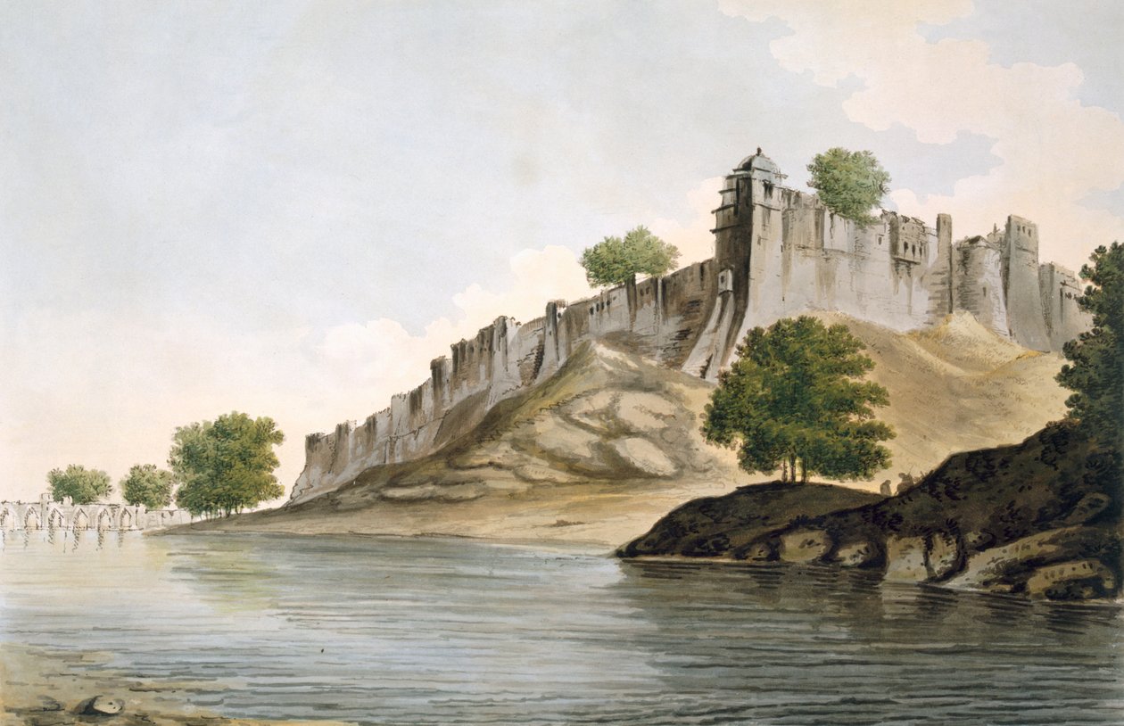 Pl. 33 En utsikt over Fort of Ilionpoor ved bredden av elven Goomty fra "Select Views in India", pub. 1785-88 (farget etsning med akvatint) av William Hodges