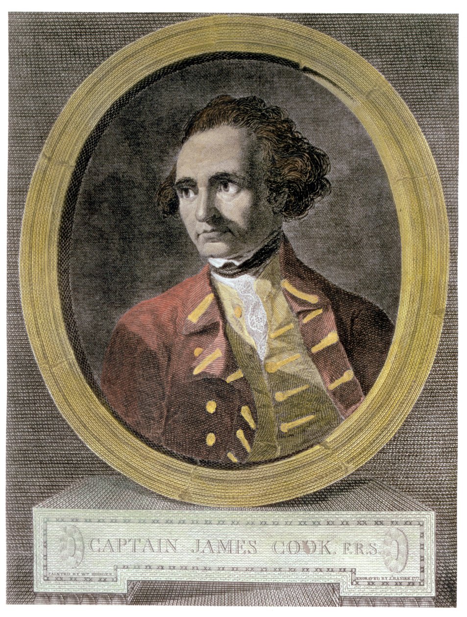 Portrett av kaptein James Cook (1728-79), fra frontbildet av "Journey Round the World to the South Pole" (senere fargelegging) av William Hodges