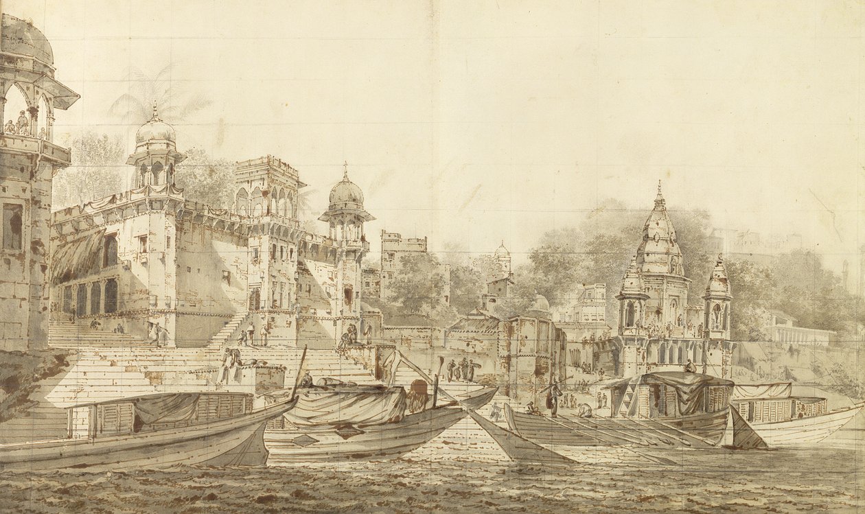Utsikt over en del av byen Benares, ca. 1781 (grå vask med pensel og blekk over blyant på papir lagt på vaskefeste) av William Hodges