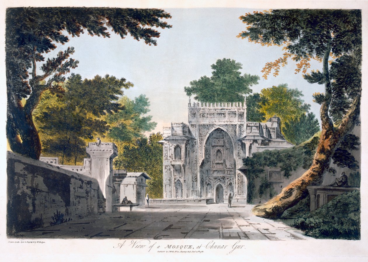 Utsikt over en moske ved Chunar Gur, 1786 (akvatint) av William Hodges