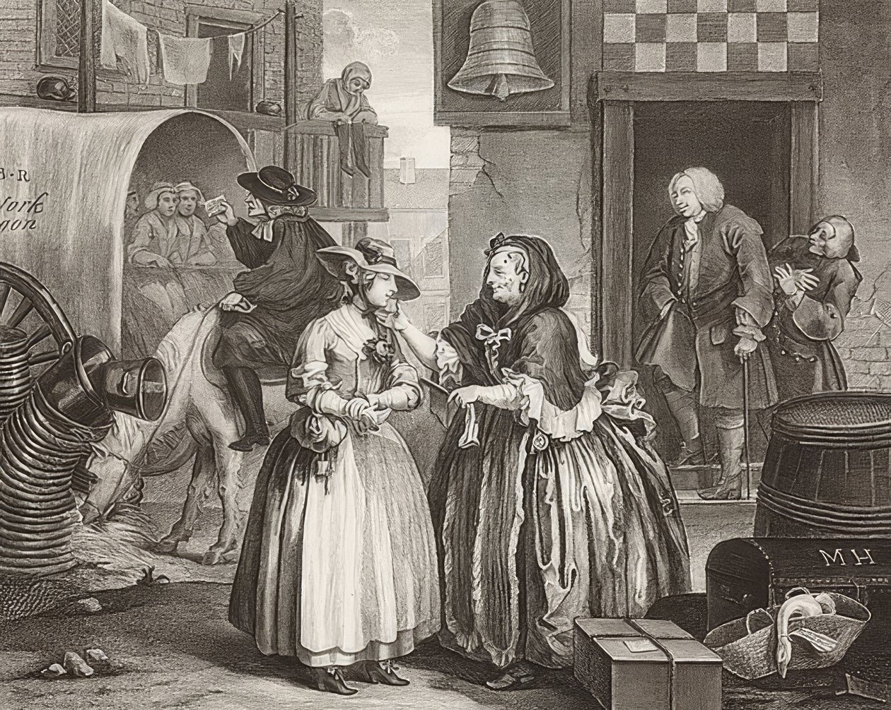 En skjøge? S Progress / The Way of a Whore, ark 1: Ankomst til London. 1732 av William Hogarth