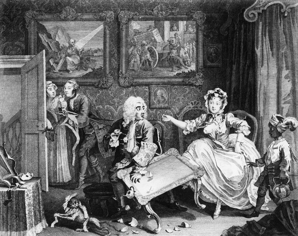 En skjøges fremgang, plate II, krangler med jødebeskytteren hennes av William Hogarth