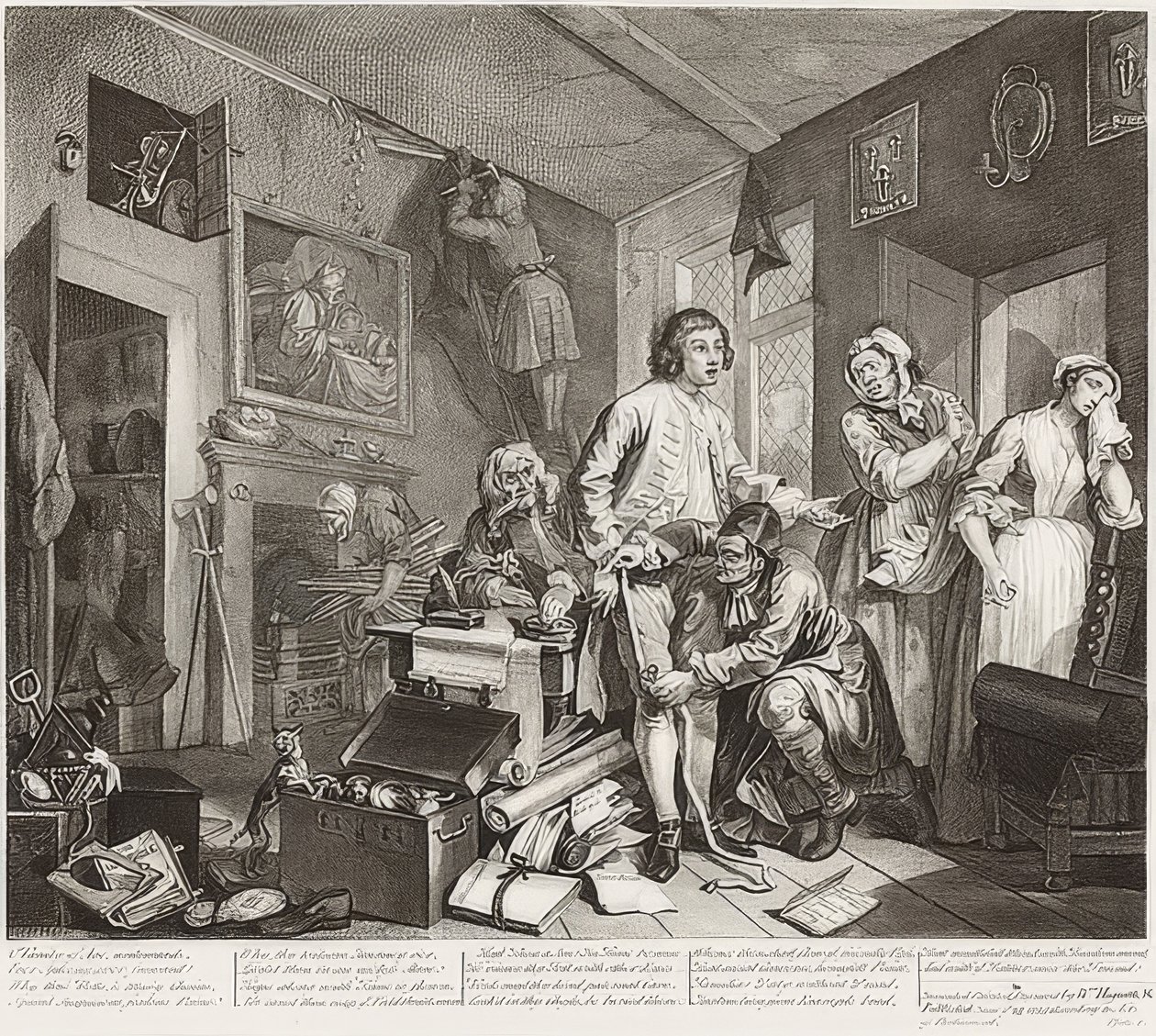 A Rake?S Progress, Plate 1: The Rake som tar besittelse av hans eiendom / Der Weg eines Liederlichen, Blatt 1: Die Erbschaft. 1735 av William Hogarth