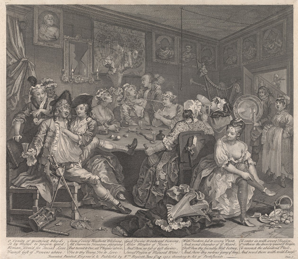 En libertiners liv, plate 3: Han fråtser av William Hogarth