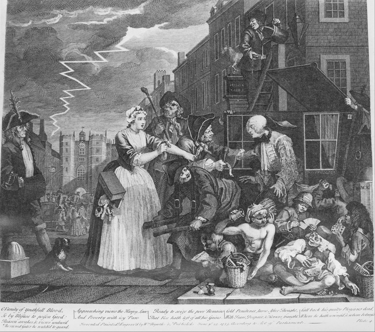 A Rakes fremgang, plate 4, arrestert for gjeld av William Hogarth