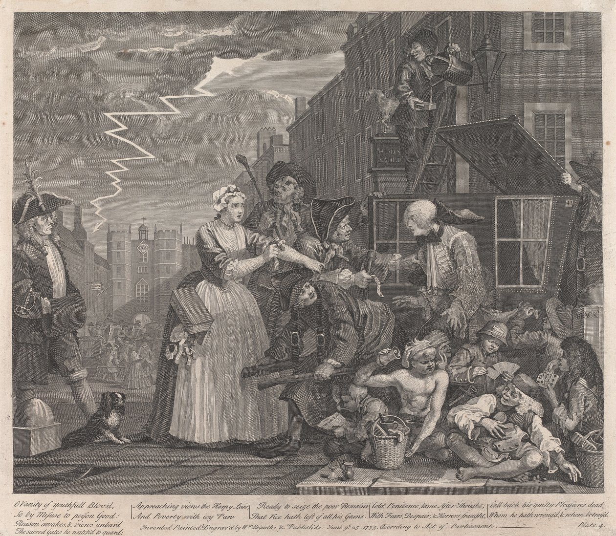 En levemanns karriere, plansje 4: går til retten av William Hogarth