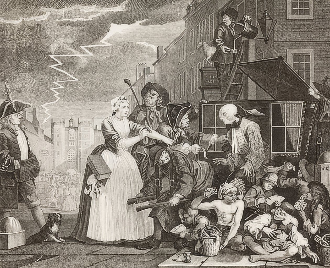 A Rake?S Progress, Plate 4: The Rake Arrested, Going to Court / Der Weg eines Liederlichen, Blatt 4: Tom Rakewell arrestert og reddet. 1735 av William Hogarth