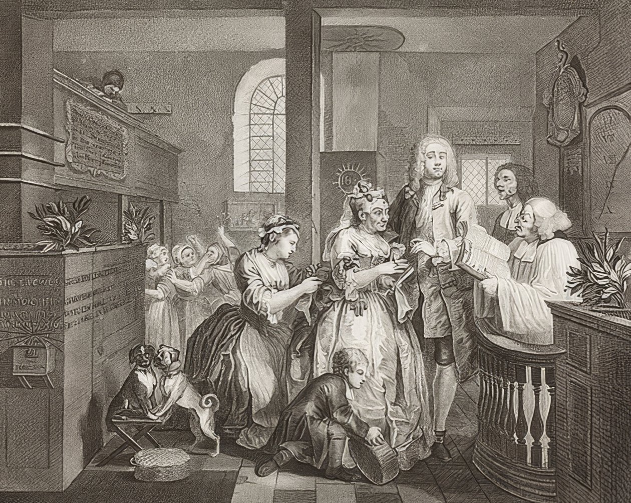A Rake? S Progress, Plate 5: The Rake Marrying an Old Woman / The Path of a Dissolute, Blad 5: Tom Rakewell gifter seg med en rik gammel kvinne). 1735 av William Hogarth