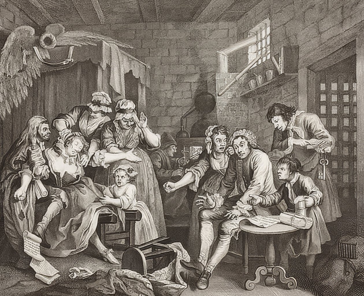 A Rake?S Progress, Plate 7: The Rake in Prison / The Path of a Disciplinary, Blad 7: Tom Rakewell i fengselet. 1735 av William Hogarth