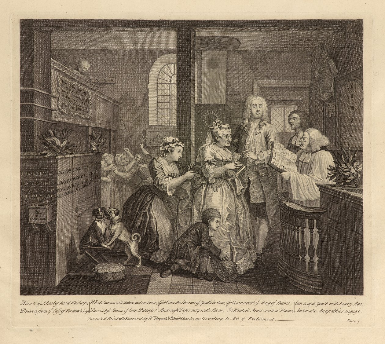 A Rake's Progress, Plate V, juni 1735 (gravering og etsing på lagt papir, tilstand i) av William Hogarth