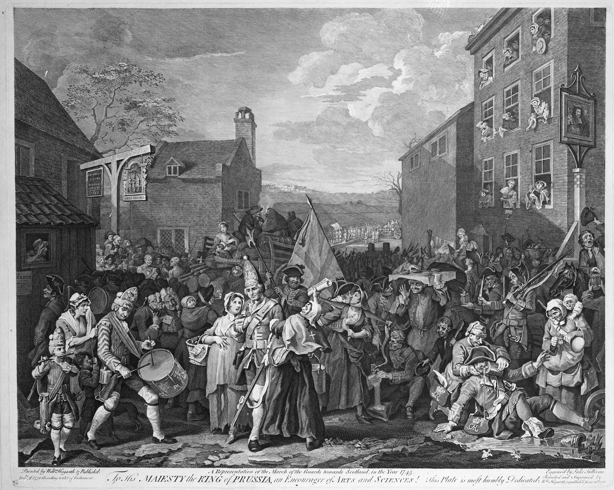 En representasjon av vaktenes mars mot Skottland i år 1745, publisert 1750 av William Hogarth