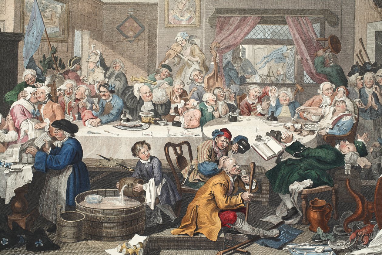 An Election Entertainment, illustrasjon fra 'Hogarth Restored: The Whole Works of the berømte William Hogarth, re-gravert av Thomas Cook', pub. 1812 (håndfarget gravering) av William Hogarth