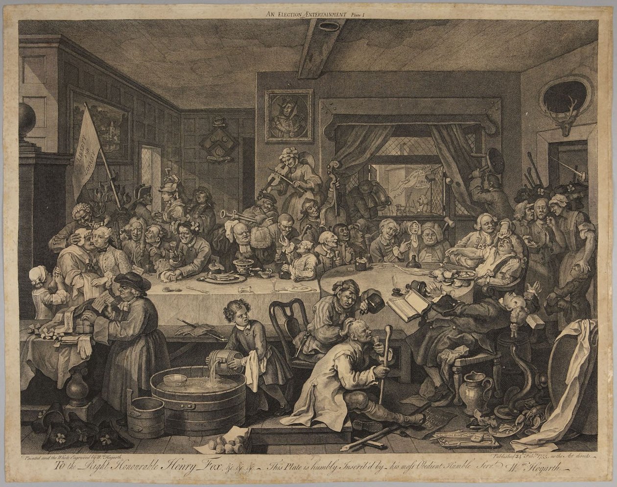 Et valgfestmåltid, plansje 1 fra serien Fire trykk fra et valg av William Hogarth
