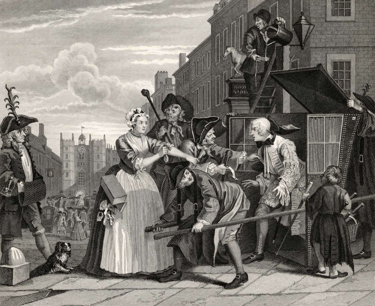 Arrested for Debt, plate V fra 'A Rake's Progress', fra 'The Works of William Hogarth', utgitt 1833 av William Hogarth