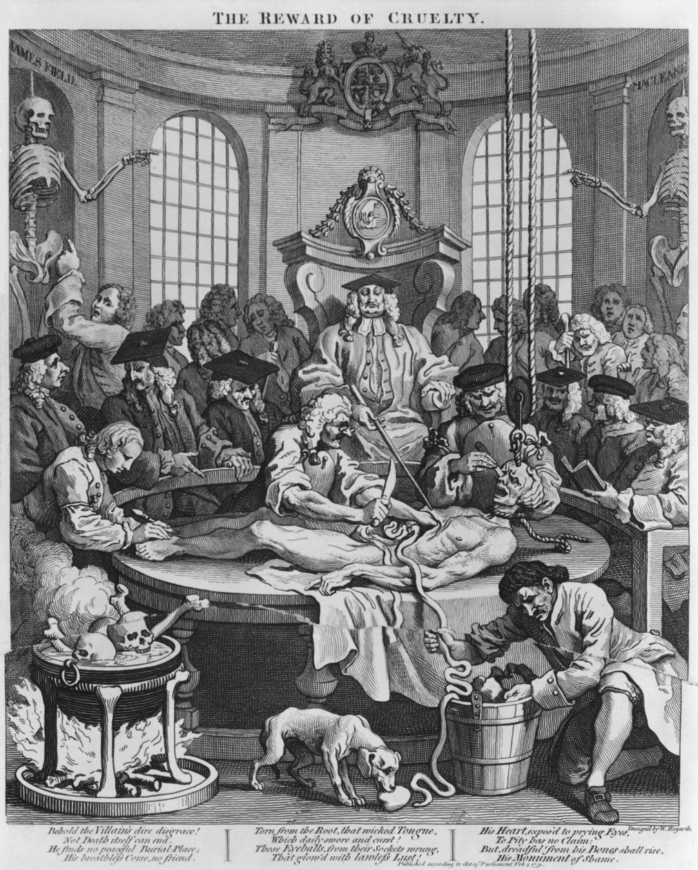 Obduksjon eller grusomhetens belønning, fra The Four Stages of Cruelty, 1751 av William Hogarth