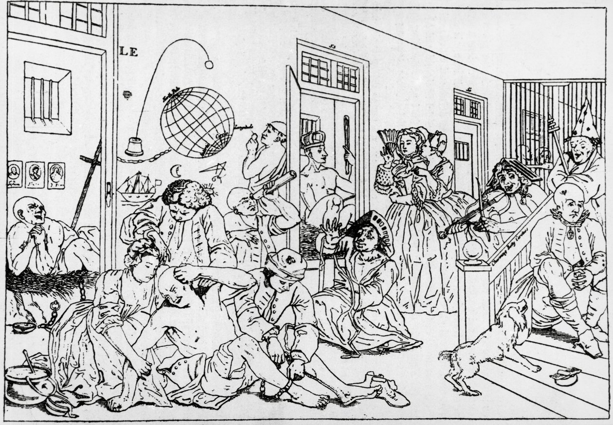 Bedlam mental institusjon, gravering fra serierakes fremgang, av William Hogarth (1697-1764) av William Hogarth