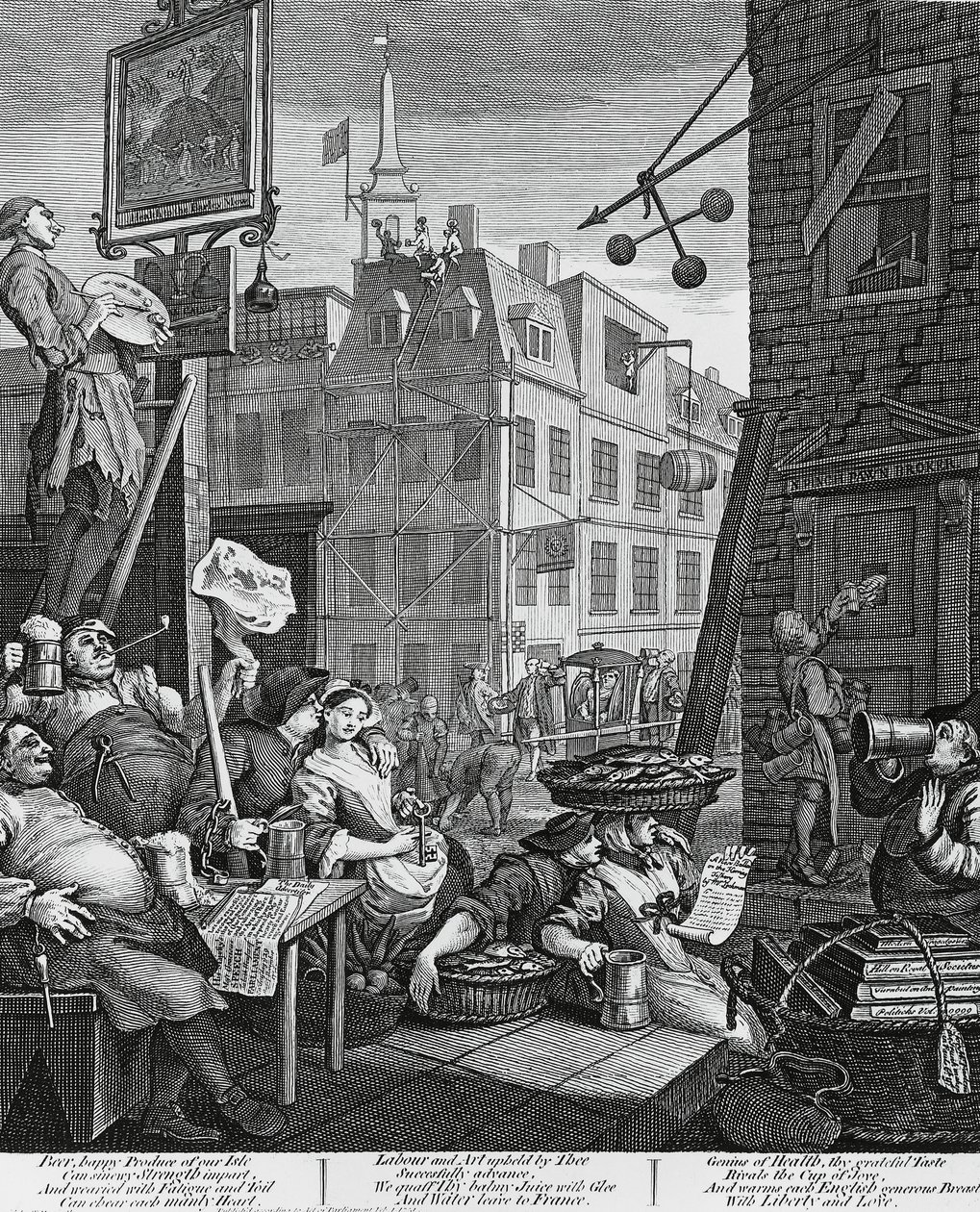 Beer Street, London, gravering av William Hogarth (1697-1764), Storbritannia av William Hogarth