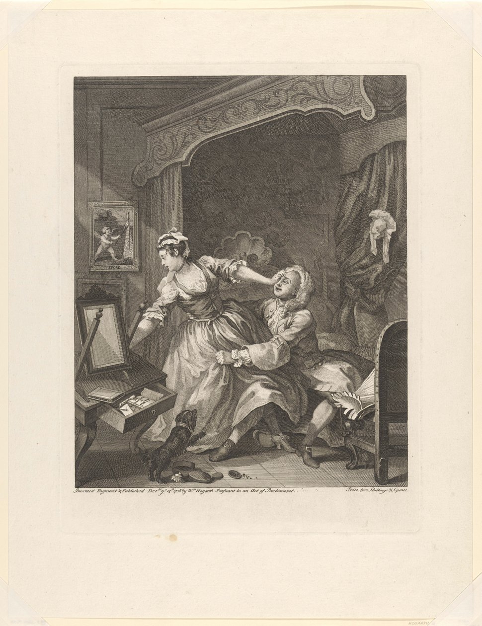 "Før" Mann trekker en motvillig kvinne mot seg på et soverom før (tittel på objekt) Før og etter (serietittel) Før og etter (serietittel) av William Hogarth