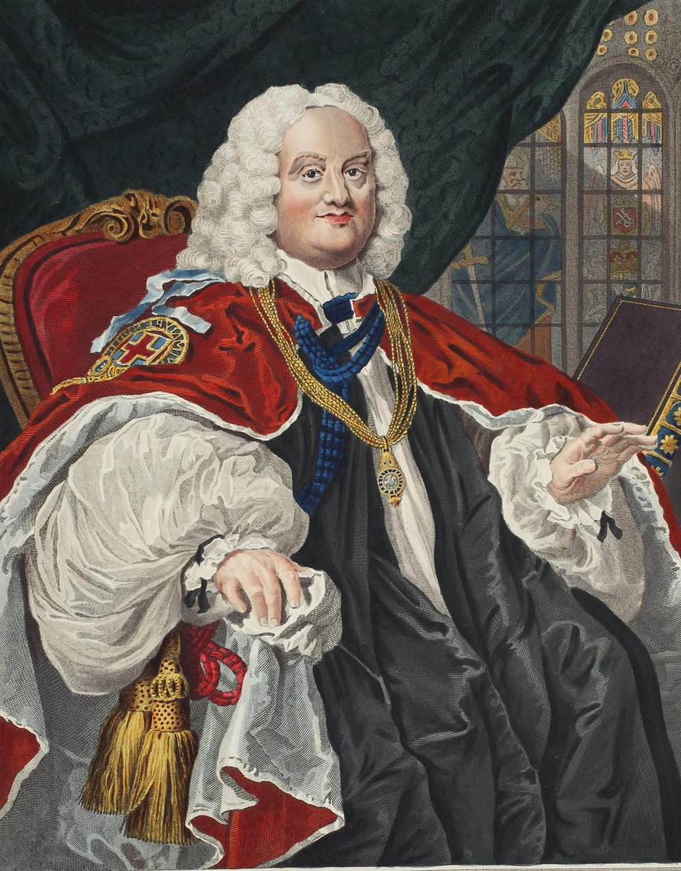 Benjamin Hoadly, illustrasjon fra 'Hogarth Restored: The Whole Works of the berømte William Hogarth, re-gravert av Thomas Cook', pub. 1812 (håndfarget gravering) av William Hogarth