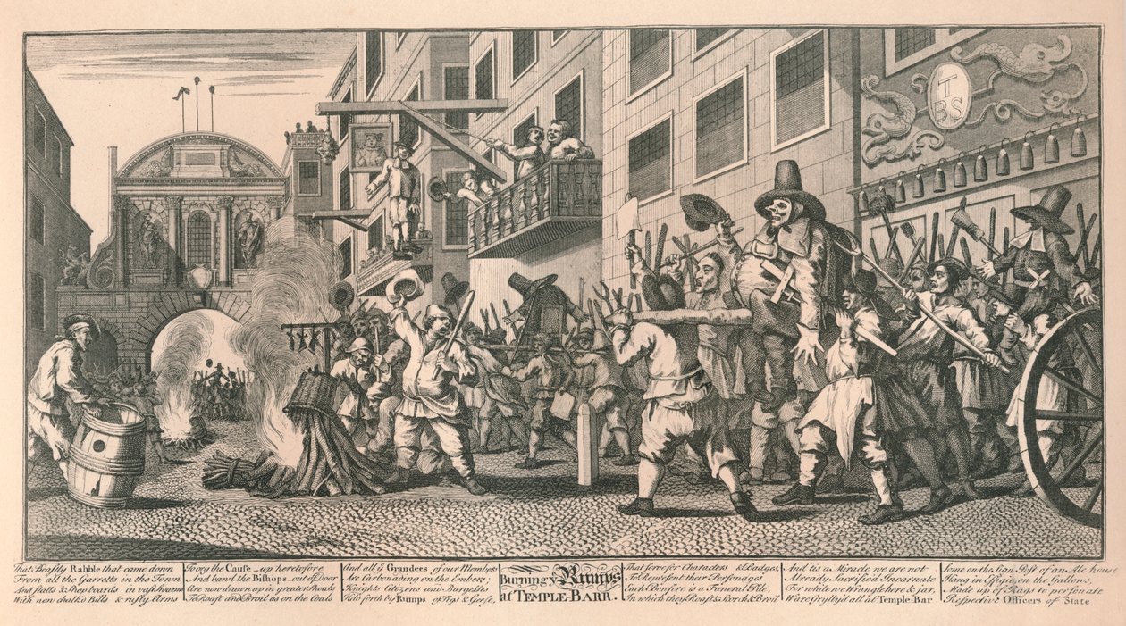 Burning the Rumps på Temple Bar, London, 1726. av William Hogarth