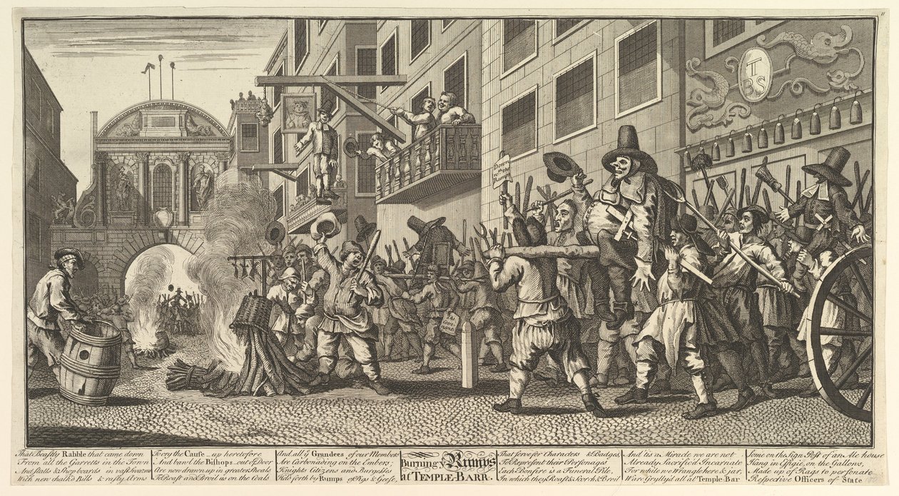 Burning the Rumps at Temple Bar Tolv store illustrasjoner for Samuel Butlers Hudibras..., 1725-68. av William Hogarth