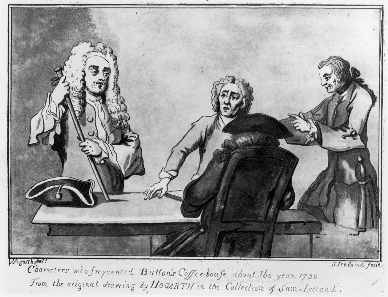 Buttons Coffee House, 1730 (penn og blekk og vask på papir) av William Hogarth