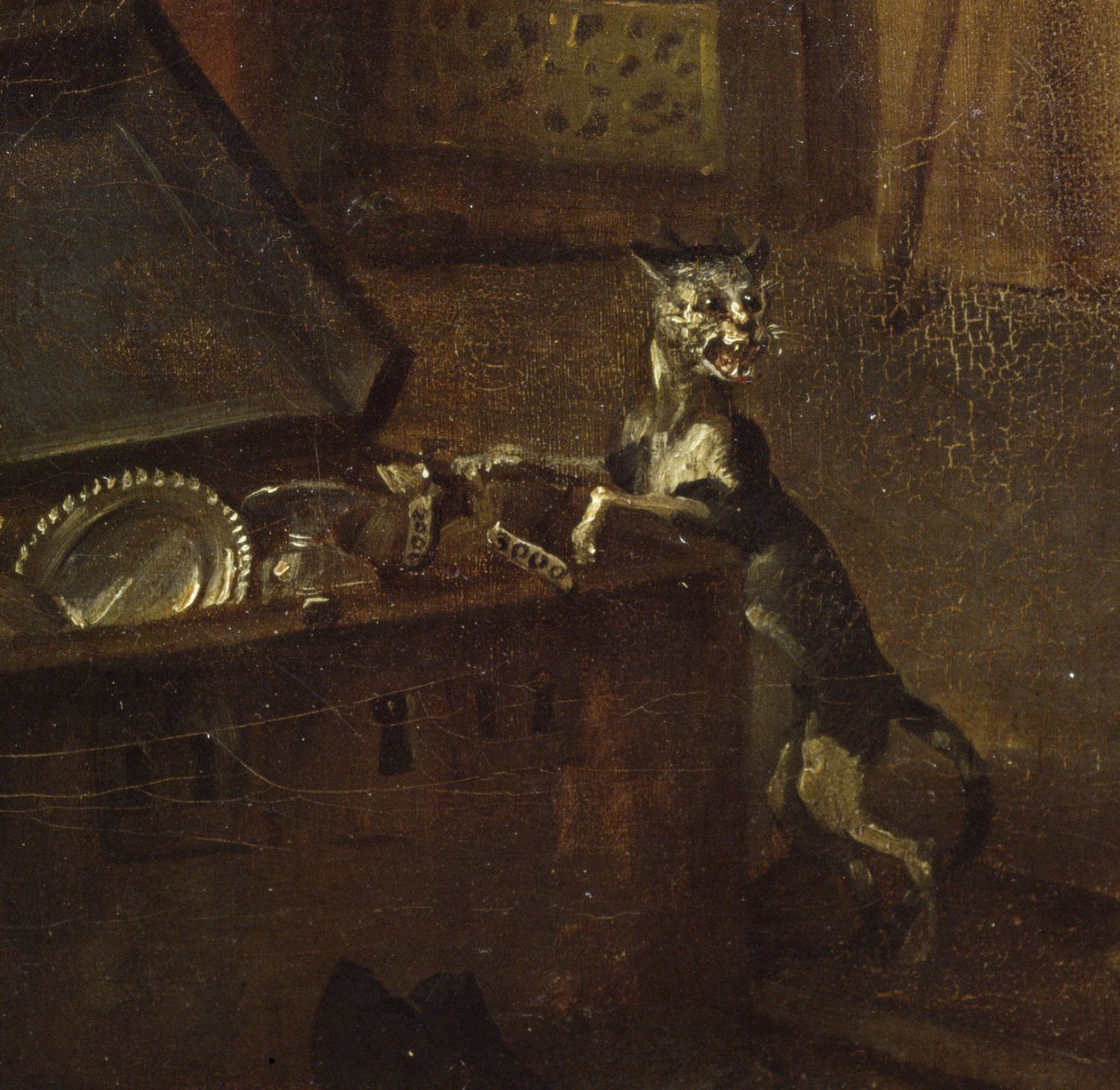 Katt med bryst, detalj fra A Rakes Progress I: The Rake Taking Possession of his Estate, 1733 olje på lerret detalj av 72326 av William Hogarth