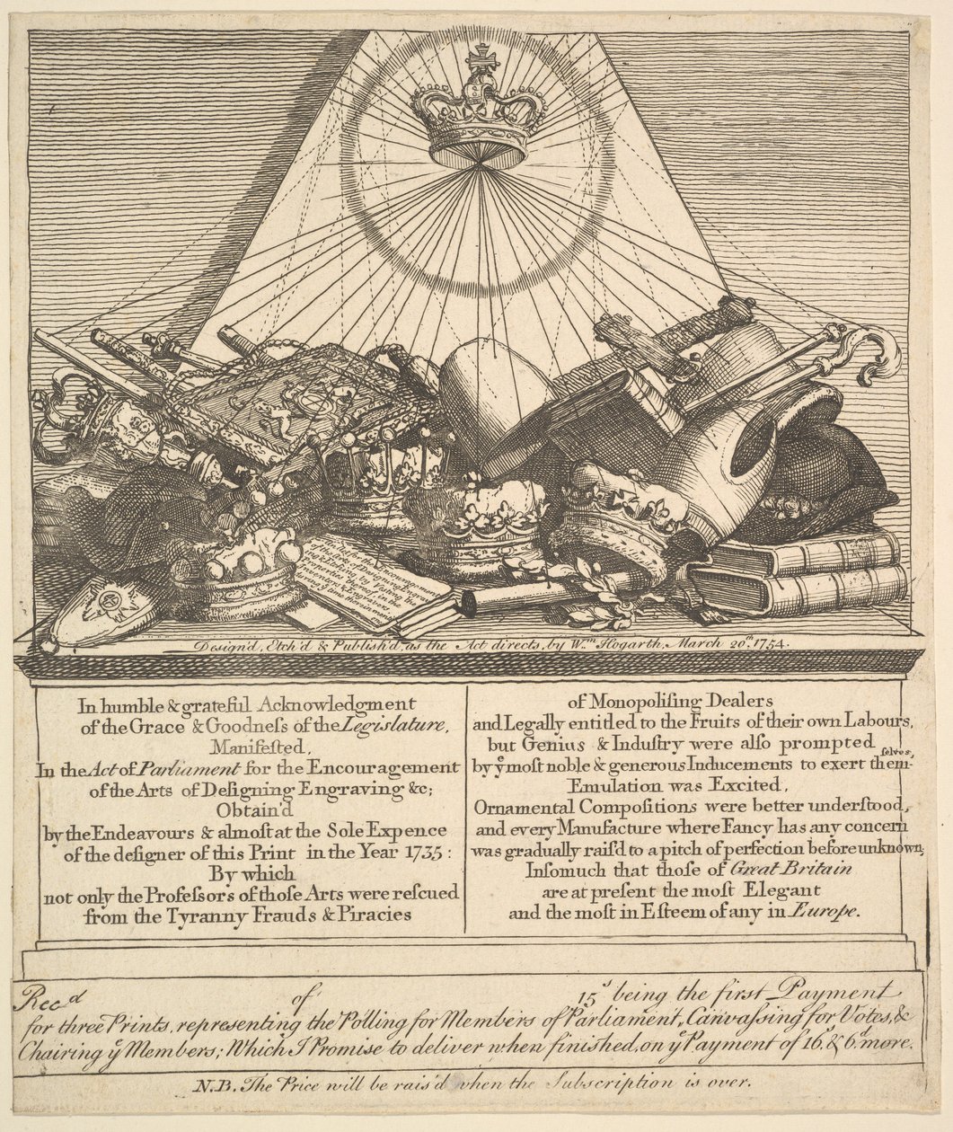 Kroner, mitrer, Maces, etc., 1755. av William Hogarth