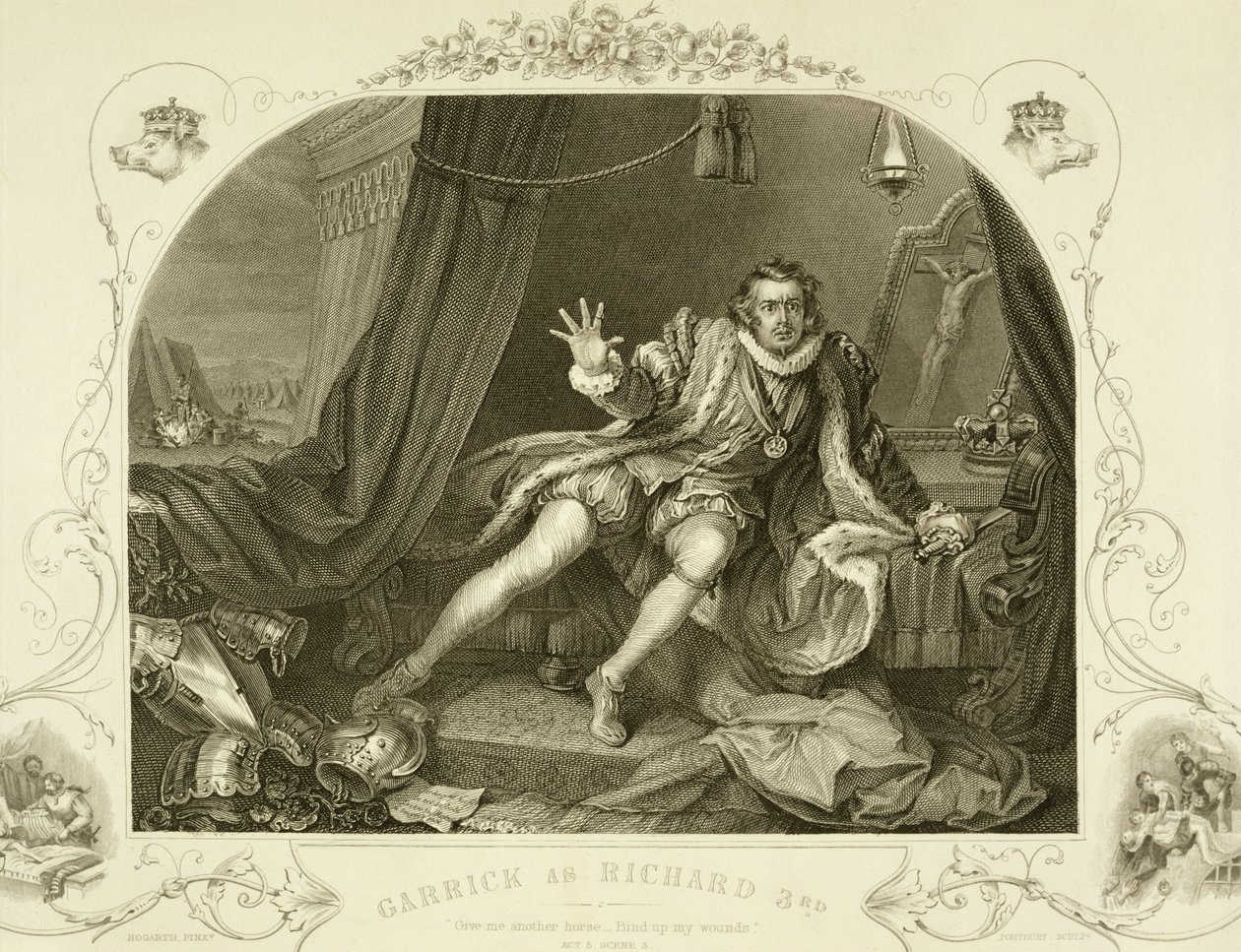 David Garrick (1717-79) som Richard III, Act V Scene 3, i stykket av William Shakespeare (1564-1616) gravert av Portbury av William Hogarth