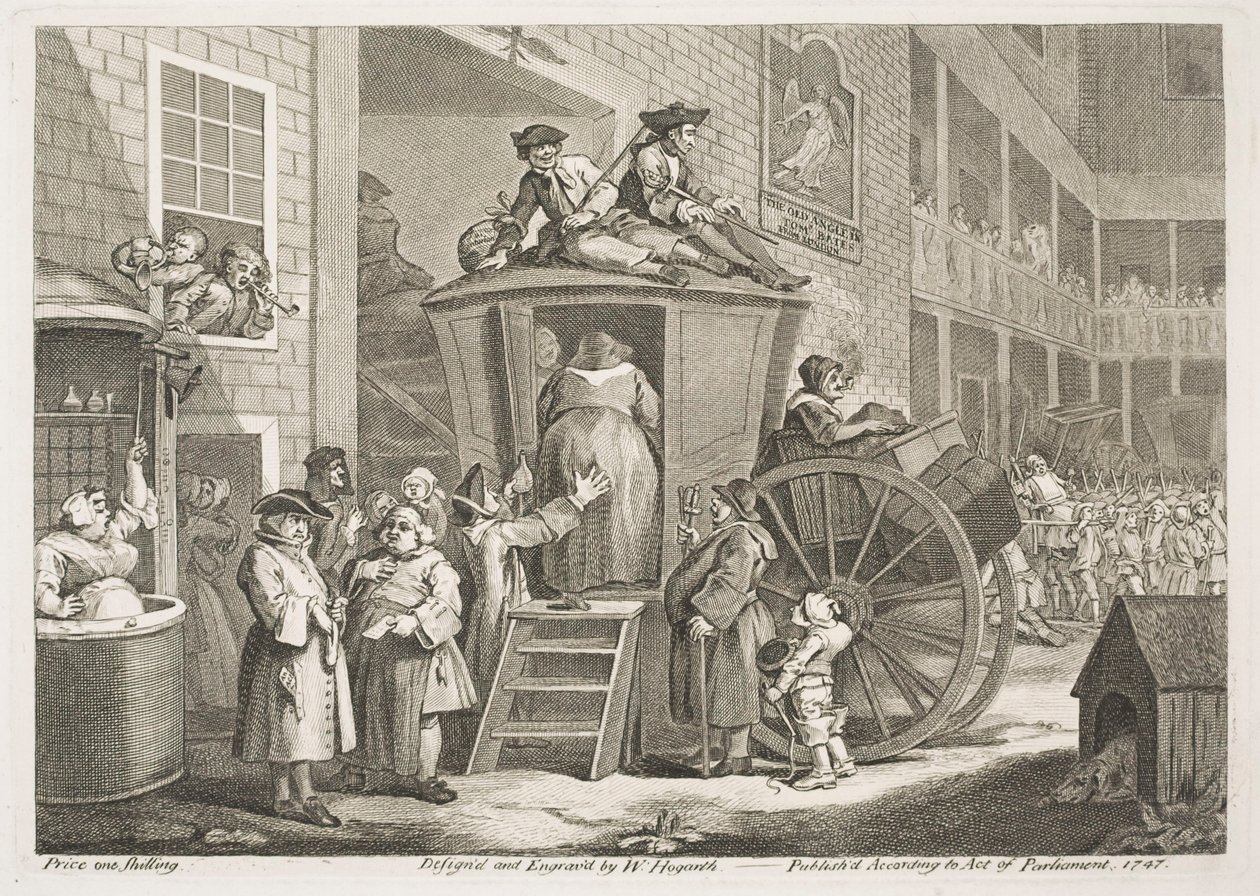 Postvognen eller gårdsplassen ved vertshuset på landet av William Hogarth